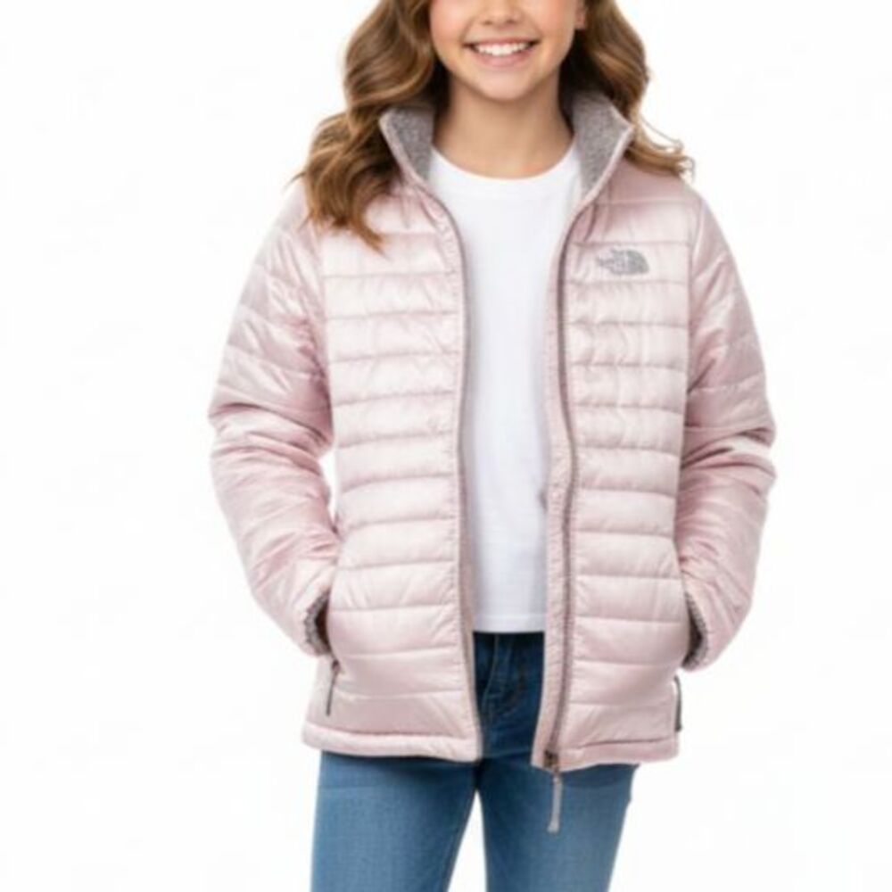 The North Face Pink Satin Gray Plush Reversible Mossbud Puffer Jacket Girl's XL